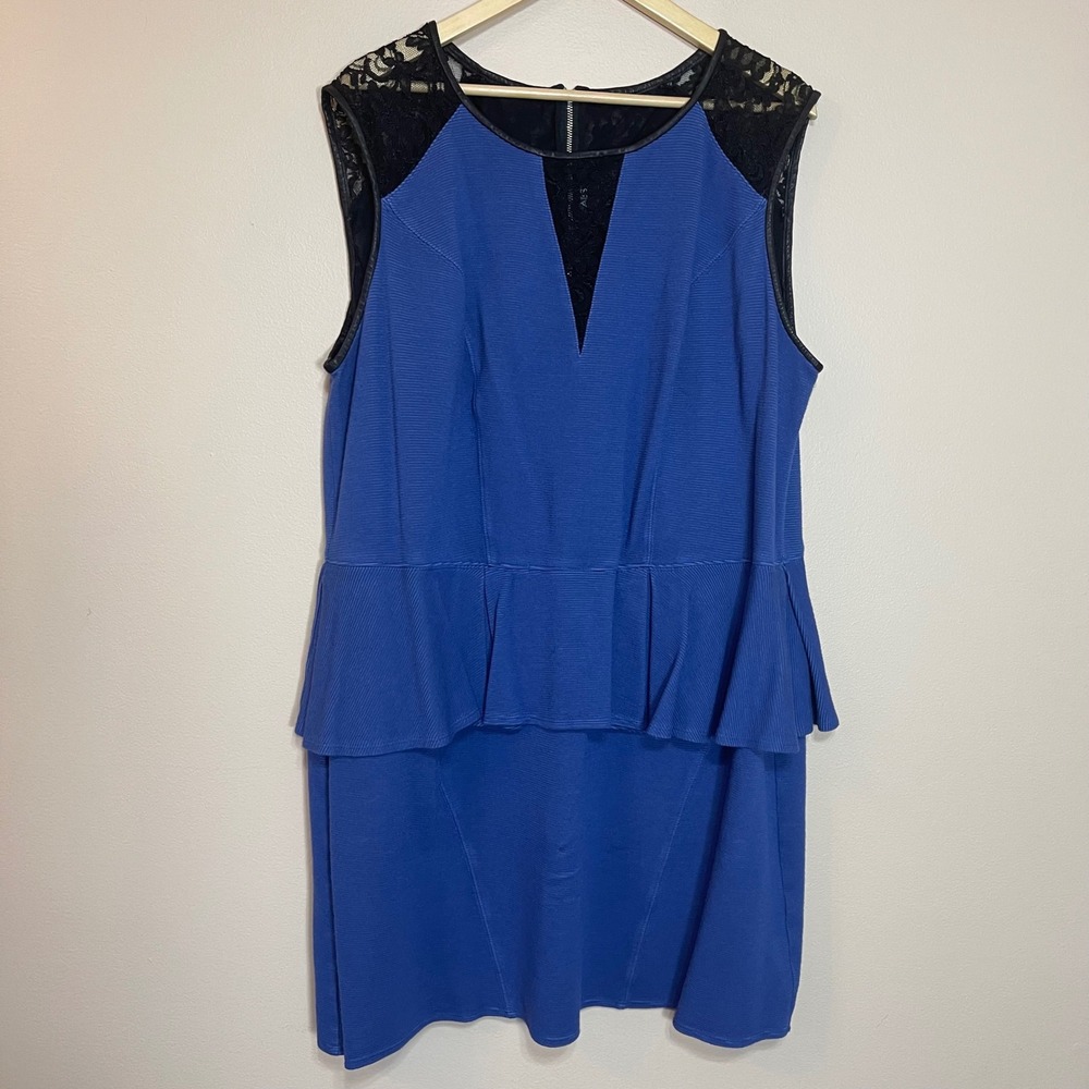 ABS Allen Schwartz Blue Peplum Lace Sheath Dress Leather Trim 3X